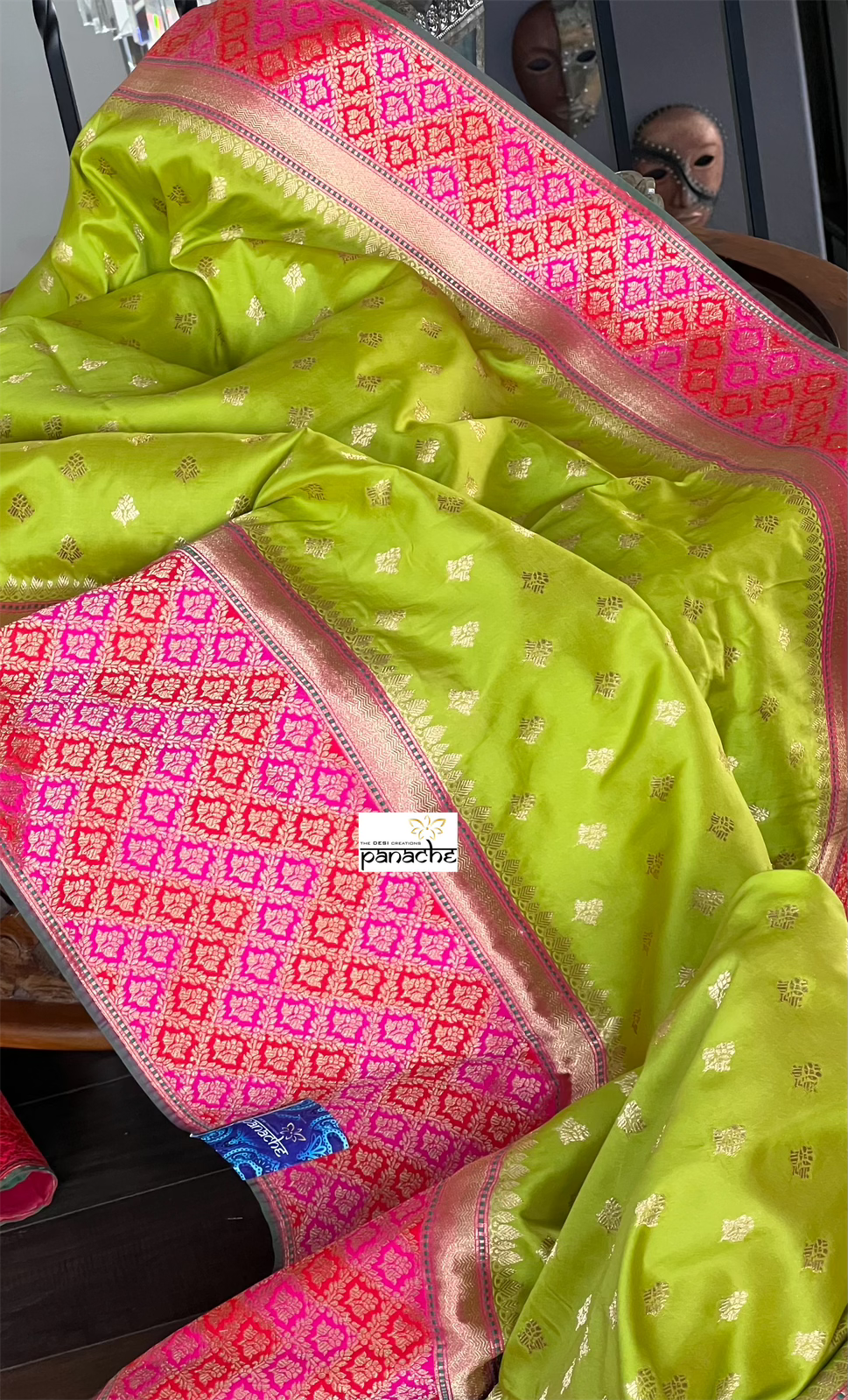 Soft Silk Banarasi - Lime Green Magenta Antique Golden Zari