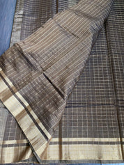 Chanderi Cotton Silk - Greenish Brown Zari checks