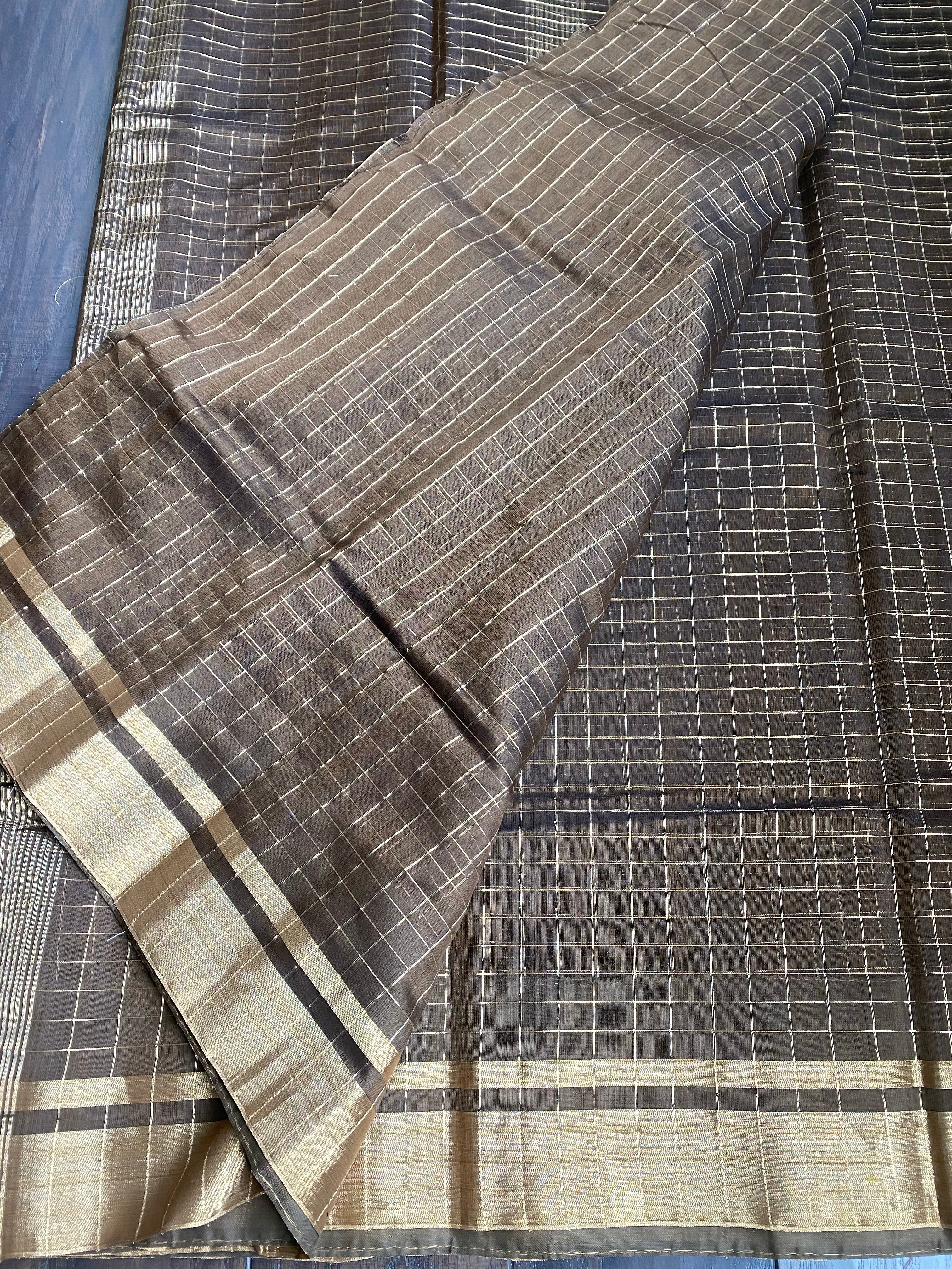 Chanderi Cotton Silk - Greenish Brown Zari checks