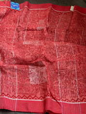 Linen Printed - Red Rust Silver Zari
