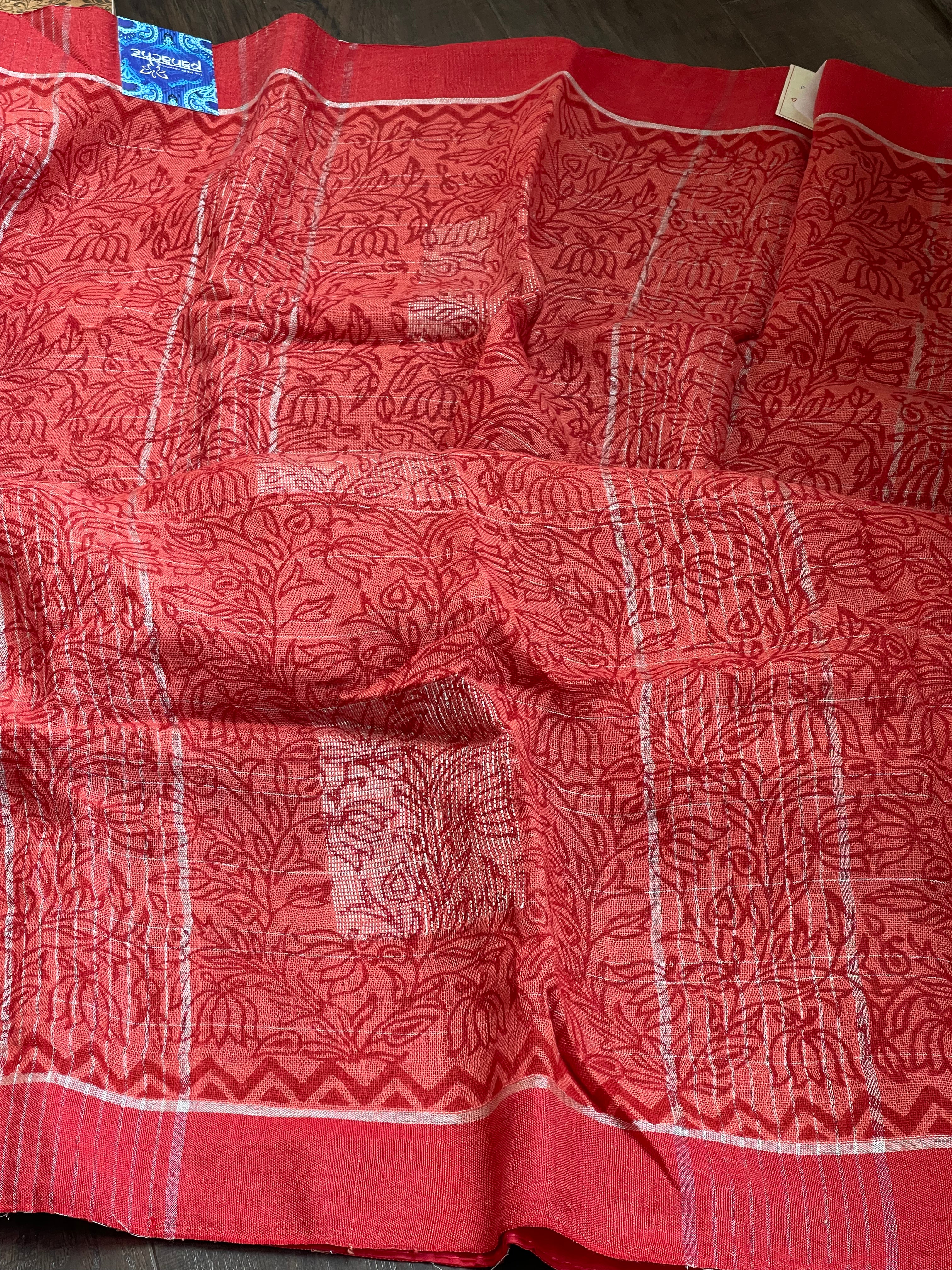 Linen Printed - Red Rust Silver Zari