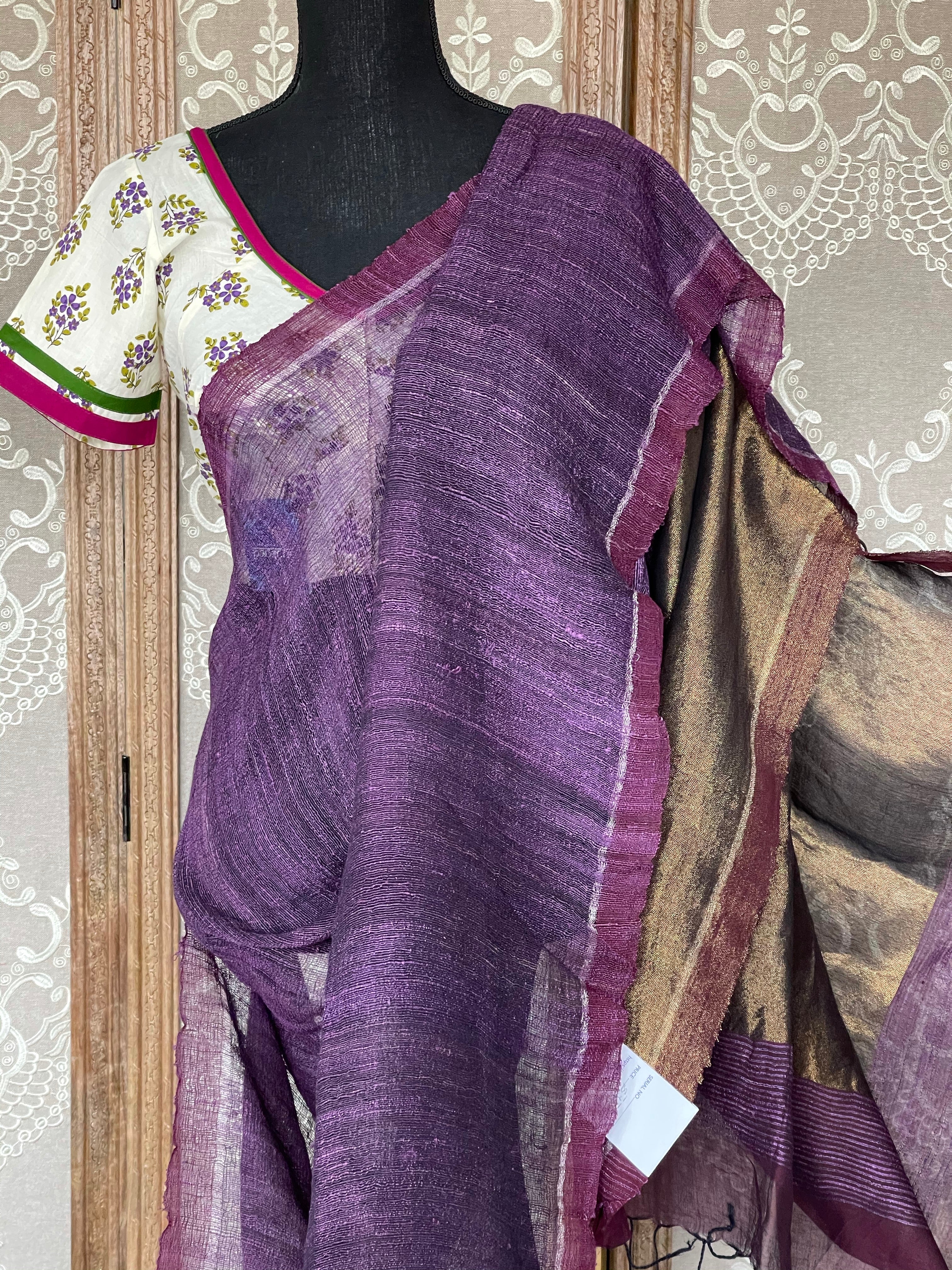 Designer Blouse - Cream Purple Green Floral Design