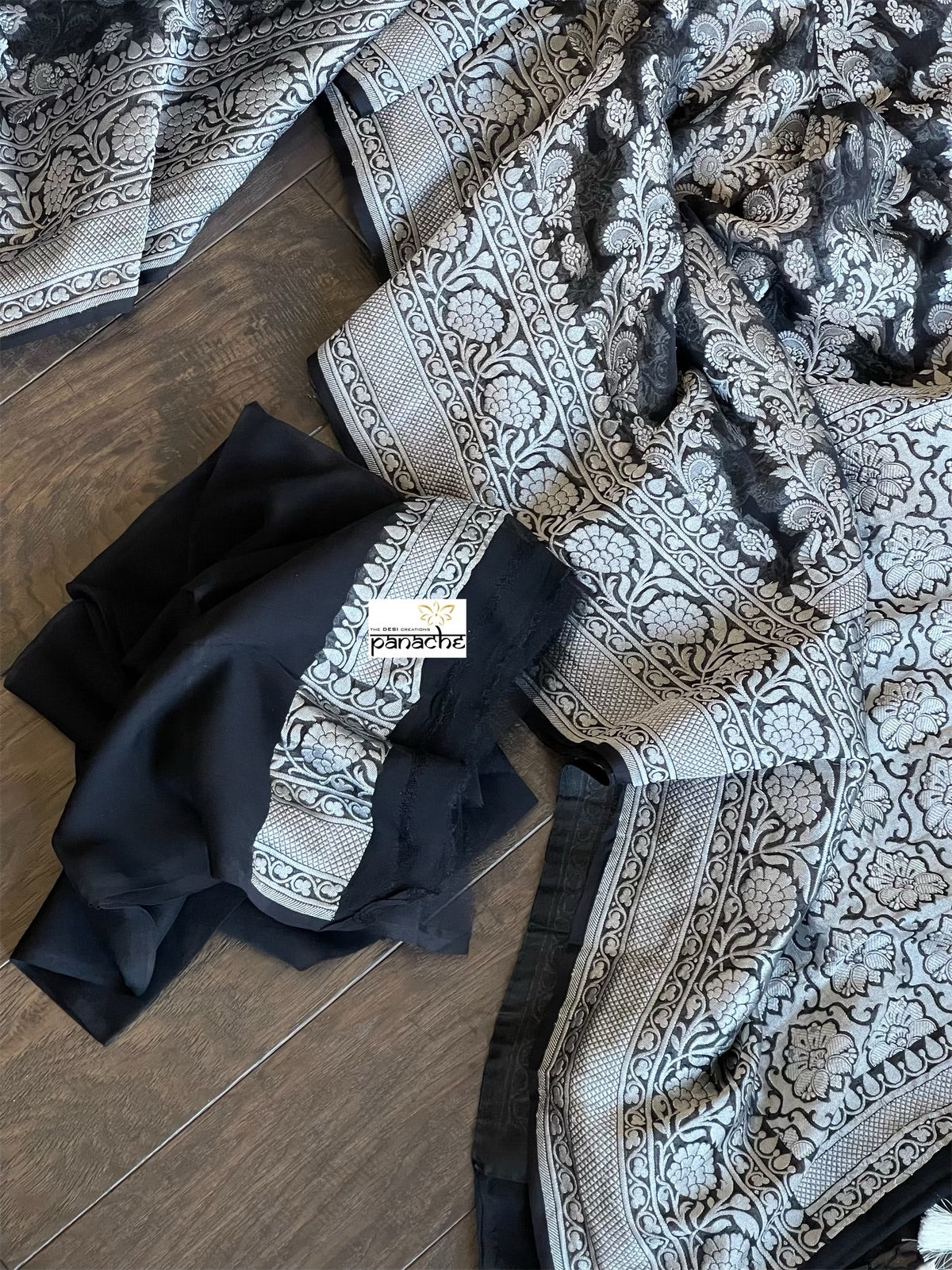 Khaddi Georgette Banarasi - Black Silver Zari