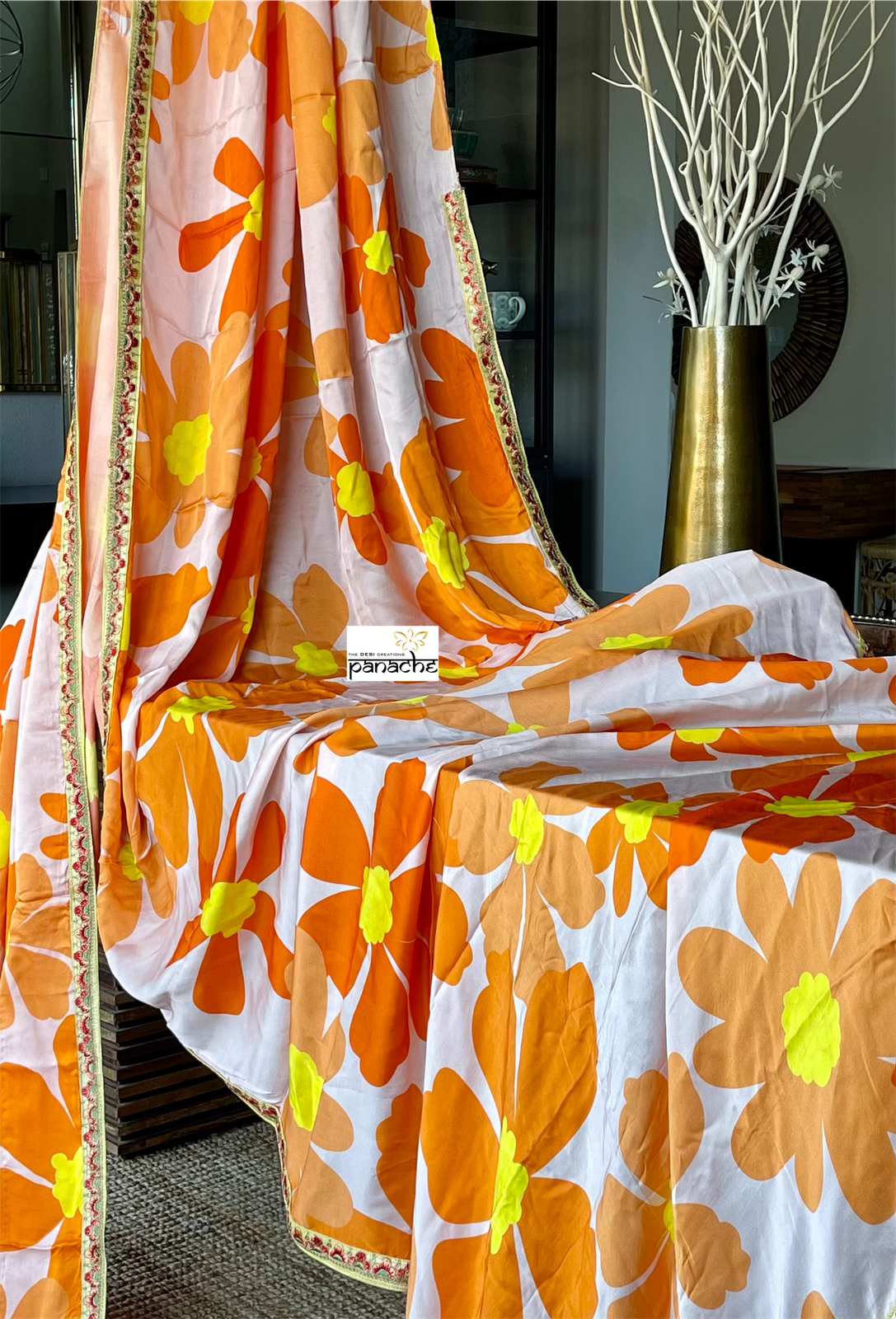 Designer Satin Maslin Silk - Light Peach Pink Yellow