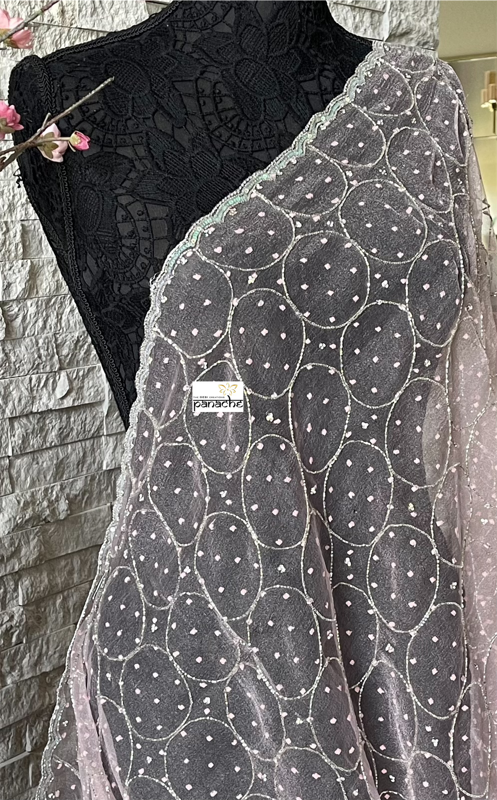 Designer Organza -  Pink Hand Embroidered