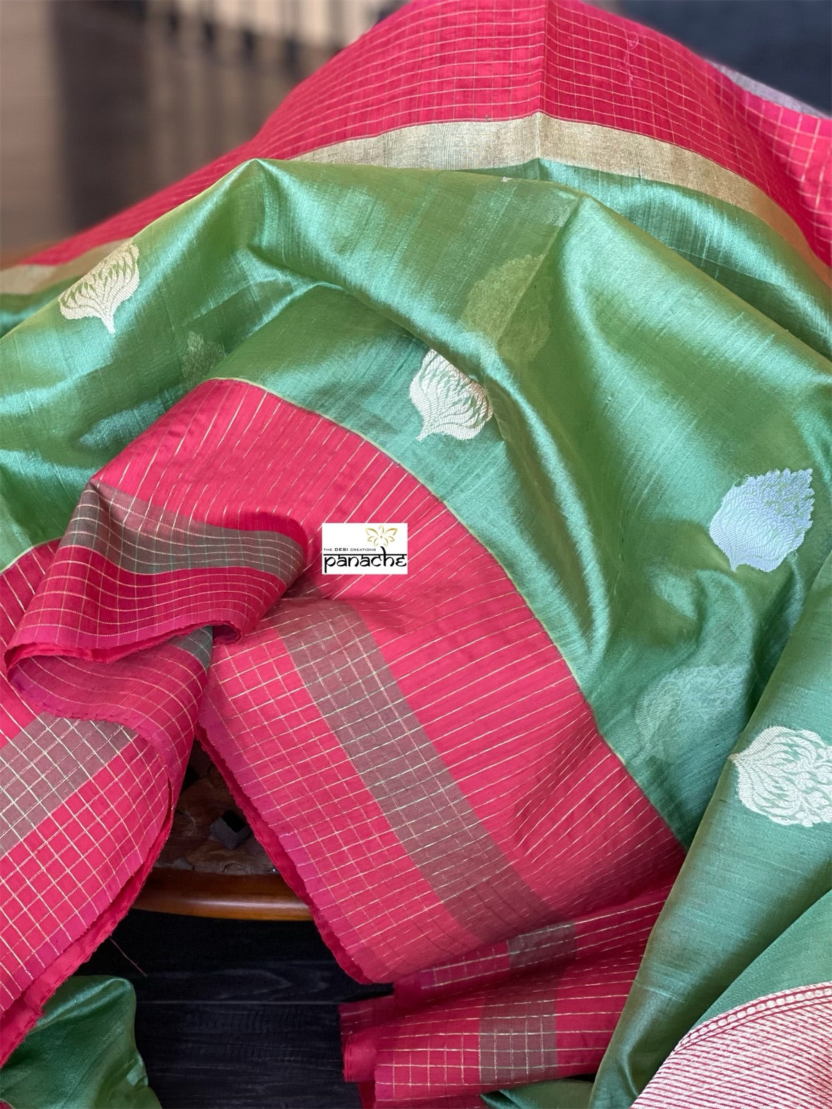 Tussar Silk Banarasi - Green Red Zari checkered