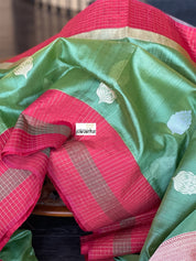 Tussar Silk Banarasi - Green Red Zari checkered