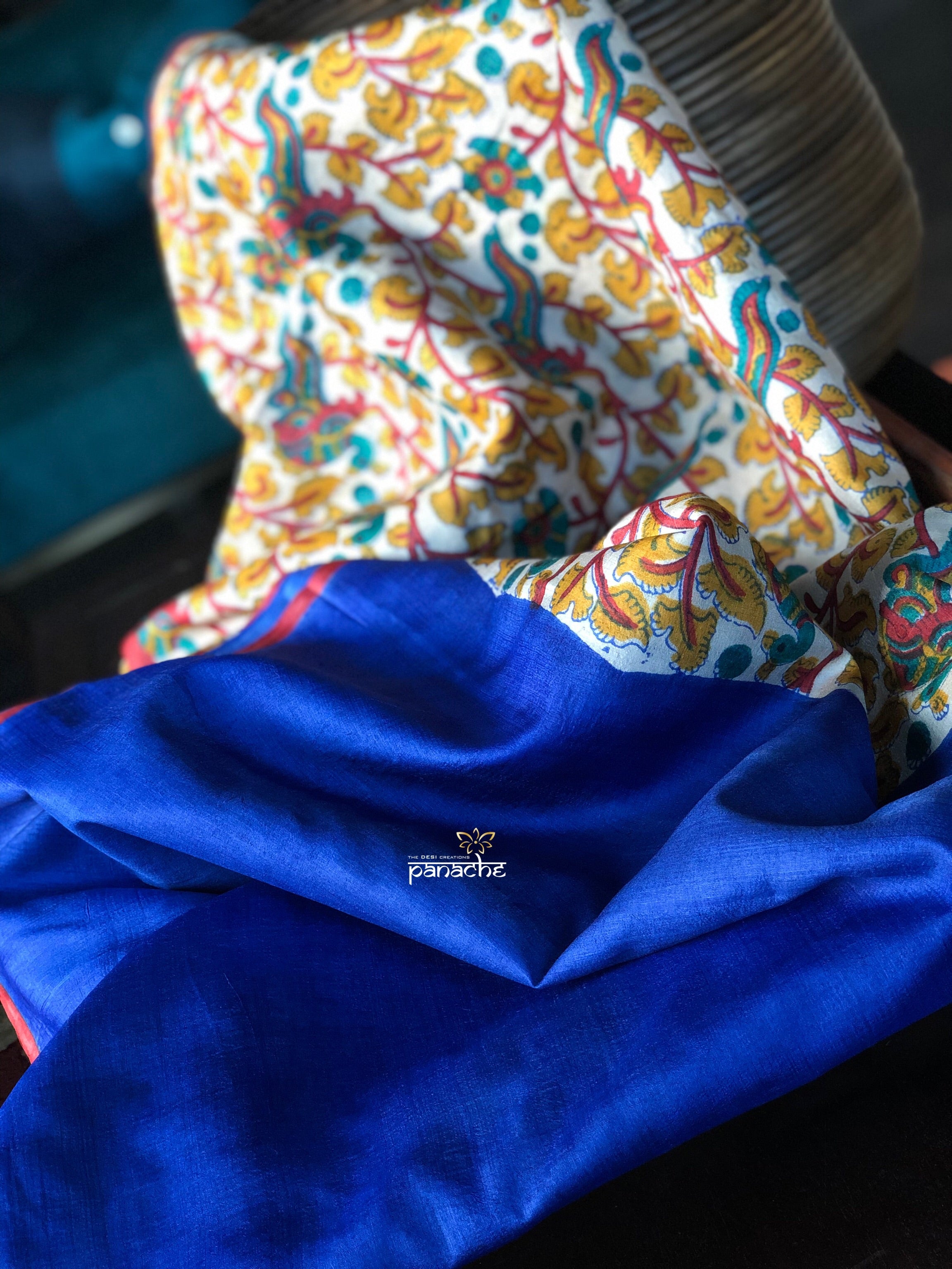 Tussar Silk - Printed Kalamkari  Royal Blue