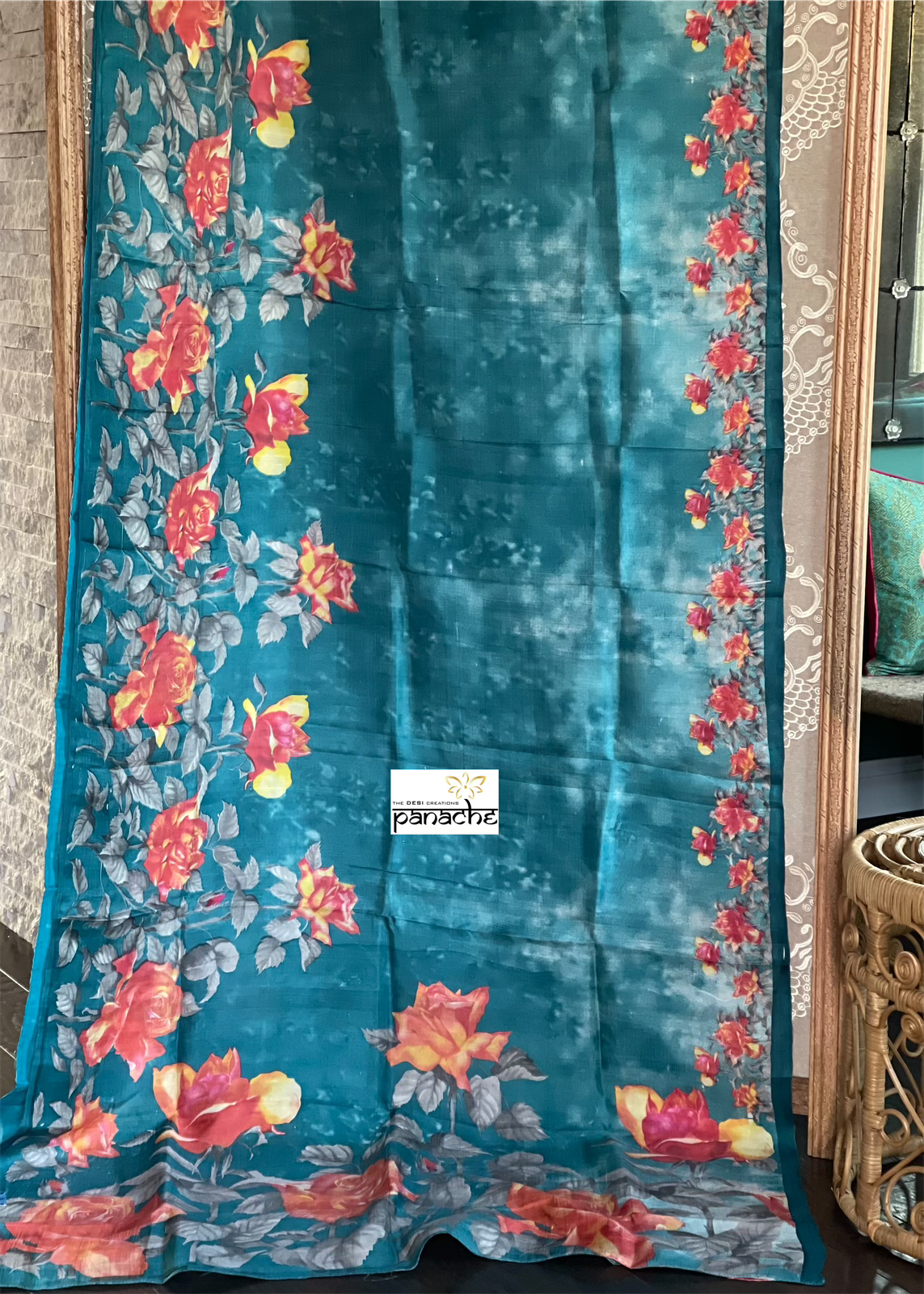 Pure Tussar Silk - Teal Blue Digital Printed