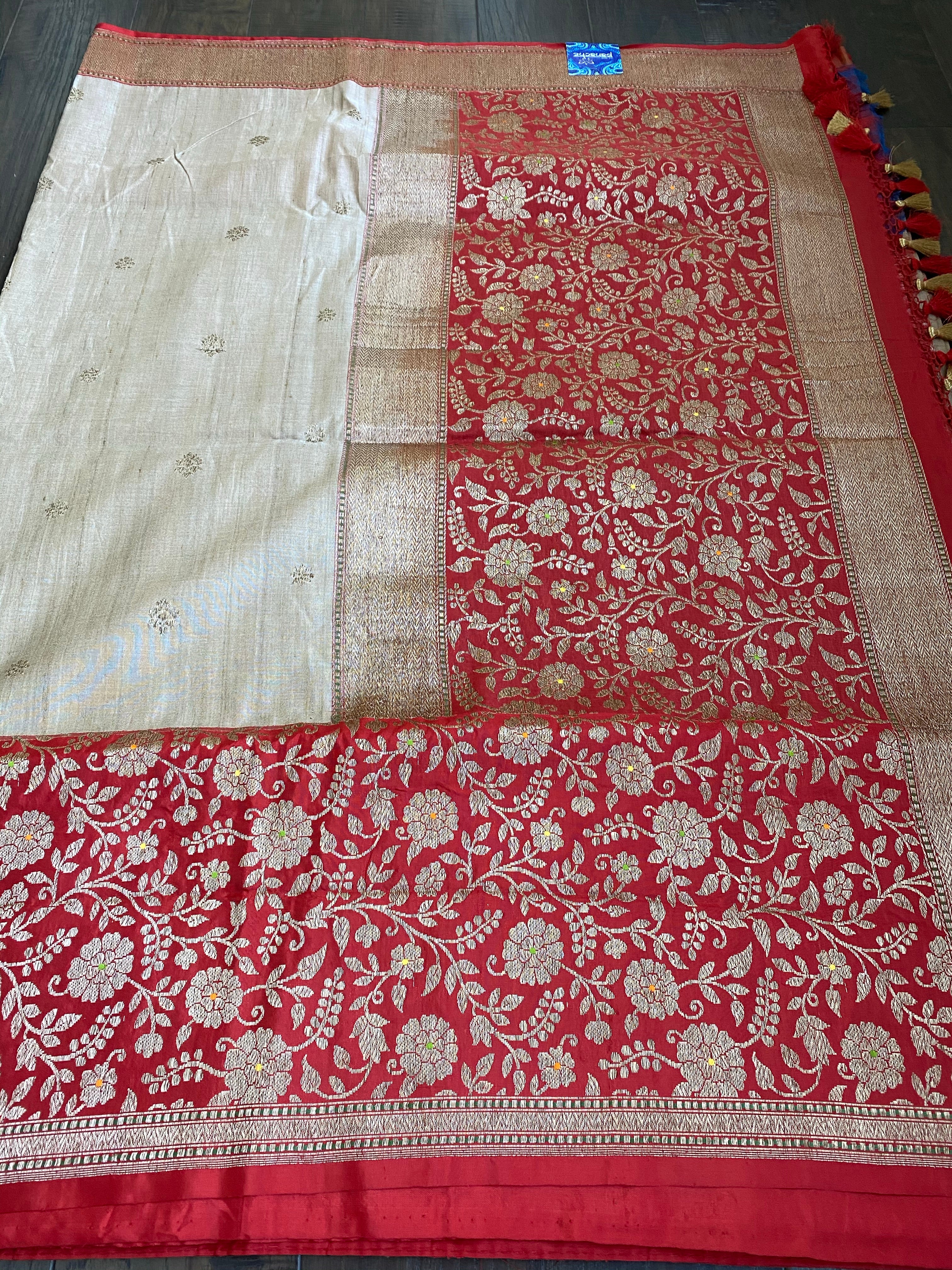 Pure Tassur Silk Banarasi - Beige Tan Red Meenakari