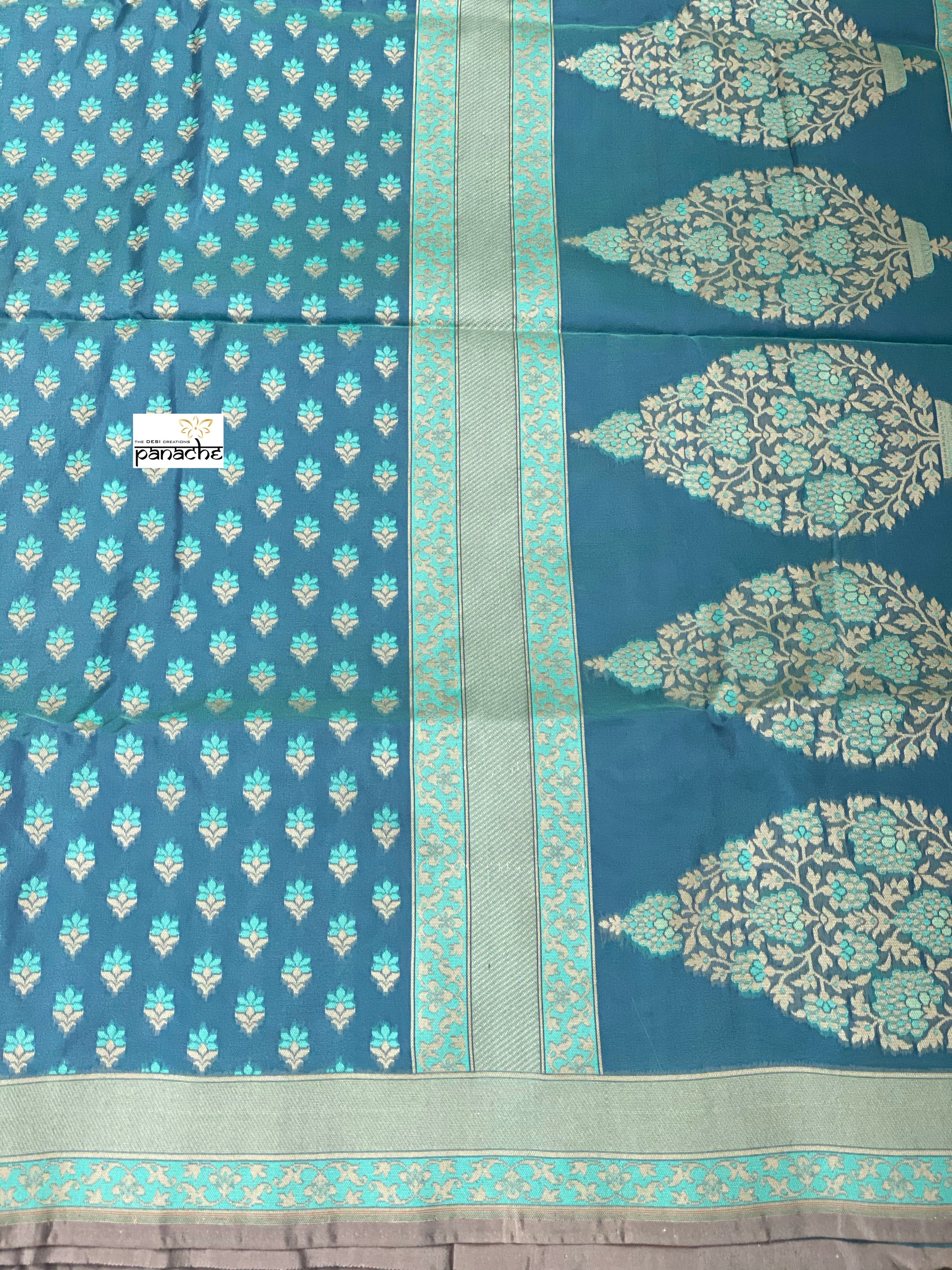 Silk Cotton Jamdaani Kora Banarasi - Blue Grey Resham Woven