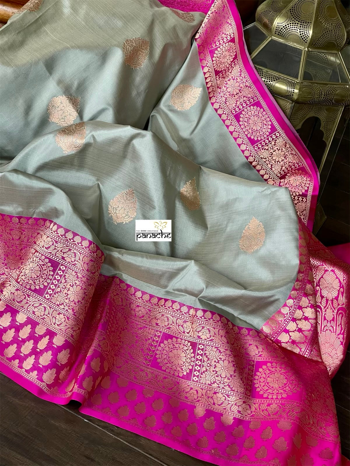 Katan Silk Banarasi - Silver Grey Magenta