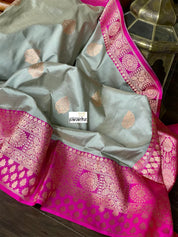 Katan Silk Banarasi - Silver Grey Magenta
