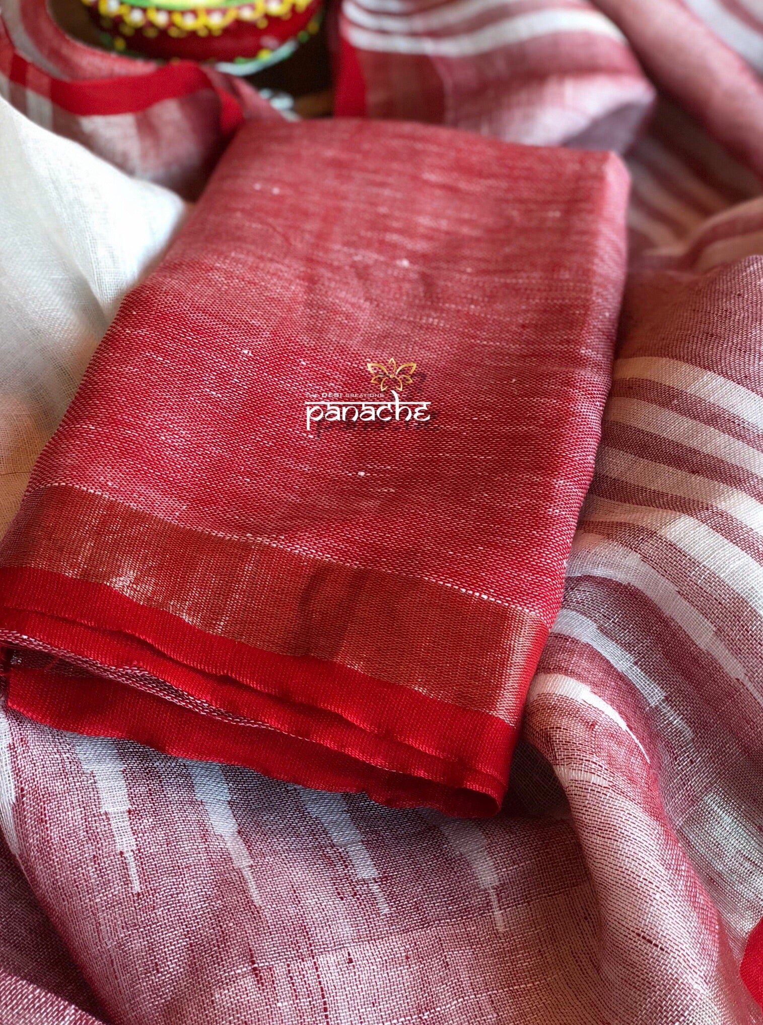 Pure Linen Handloom - White Red Temple