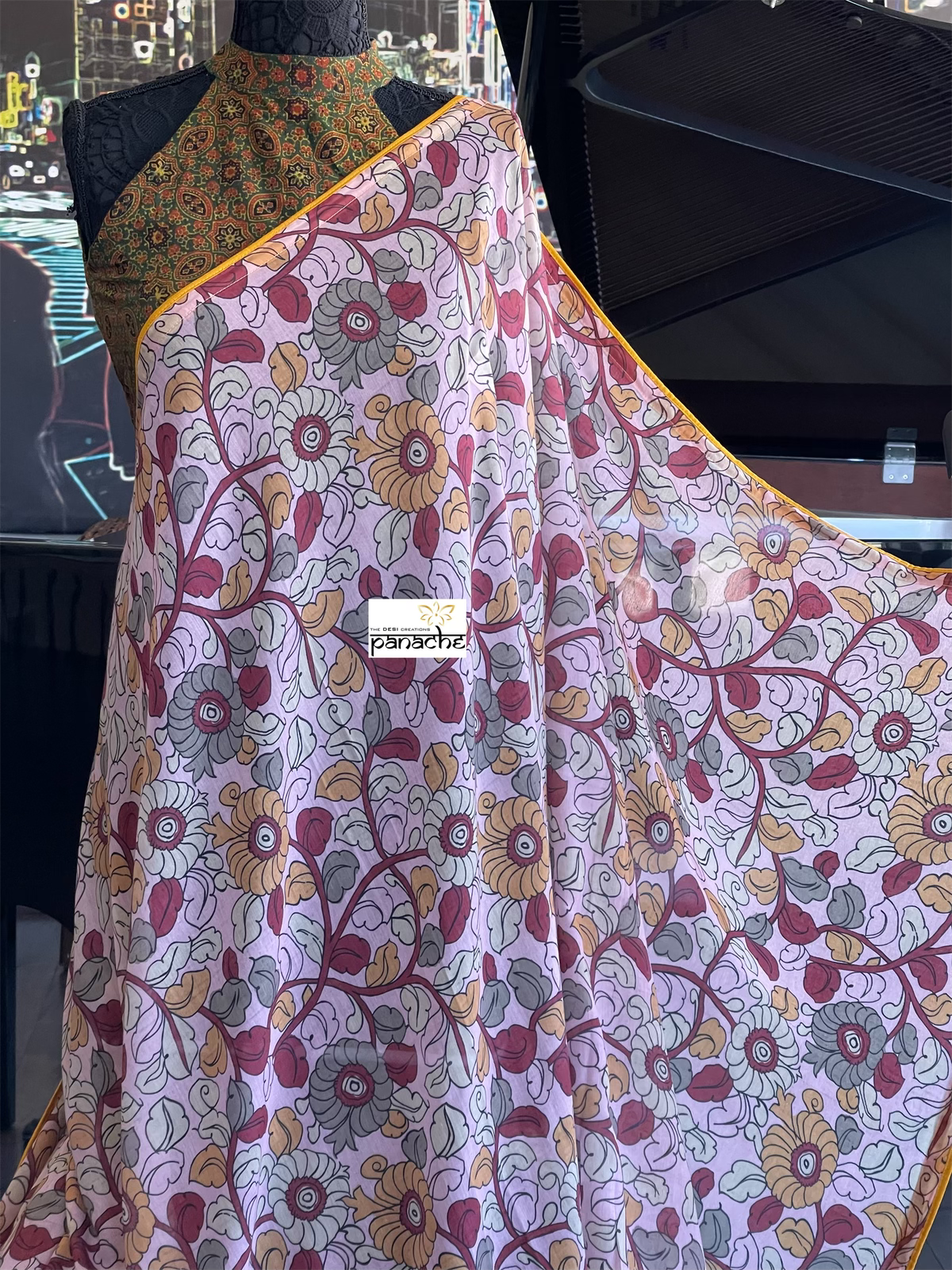 Designer Maslin Kalamkari - Light Pink Yellow