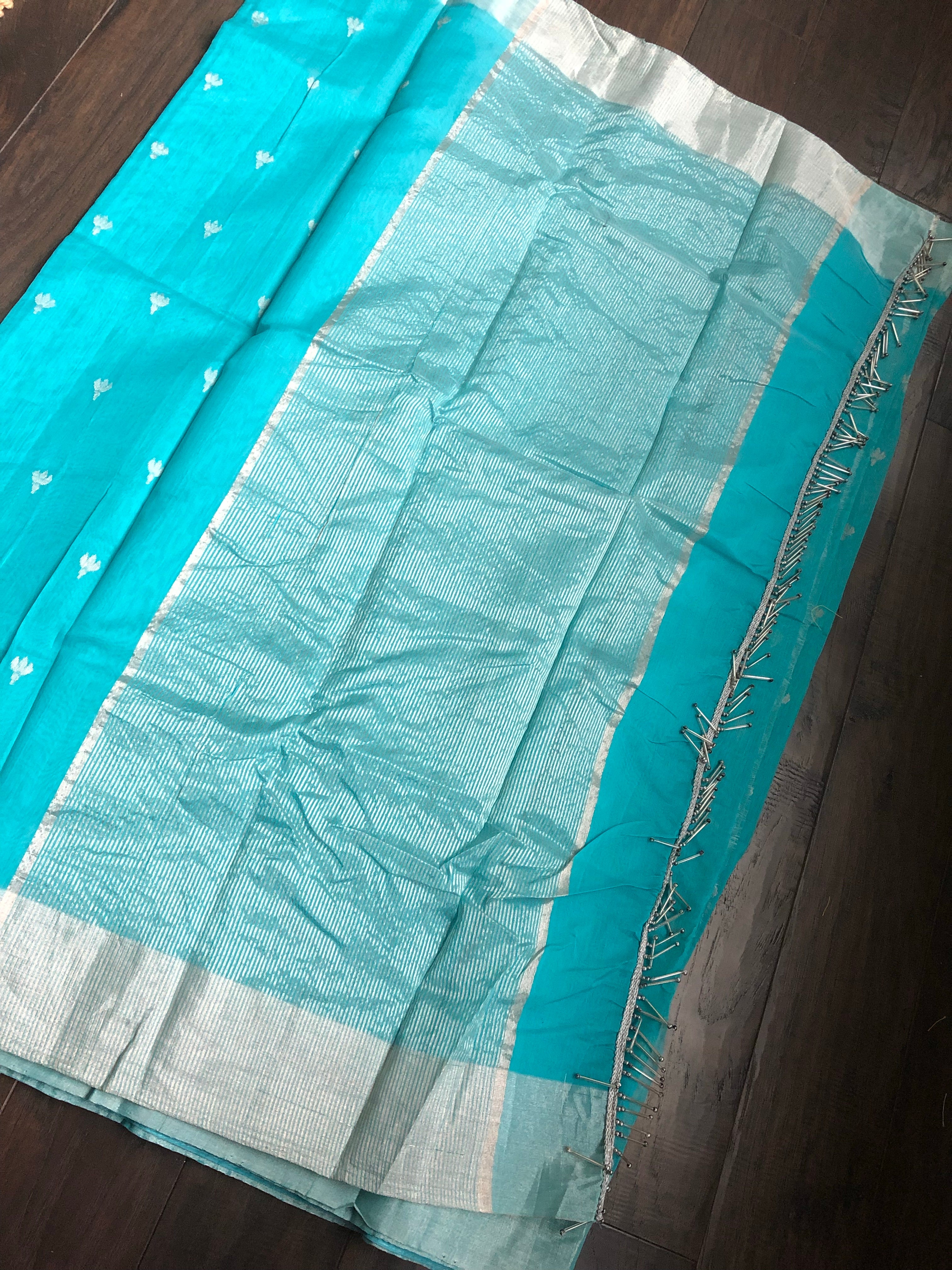 Chanderi Silk Cotton - Firozi Silver Zari