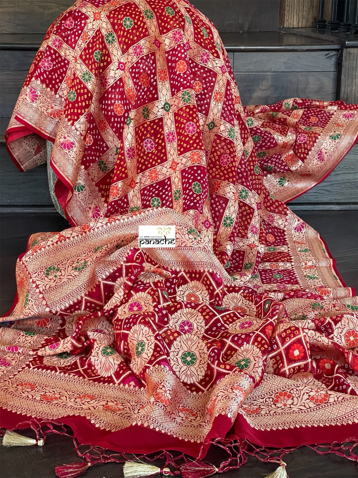 Bandhej Khaddi Georgette Banarasi - Red Gharchola