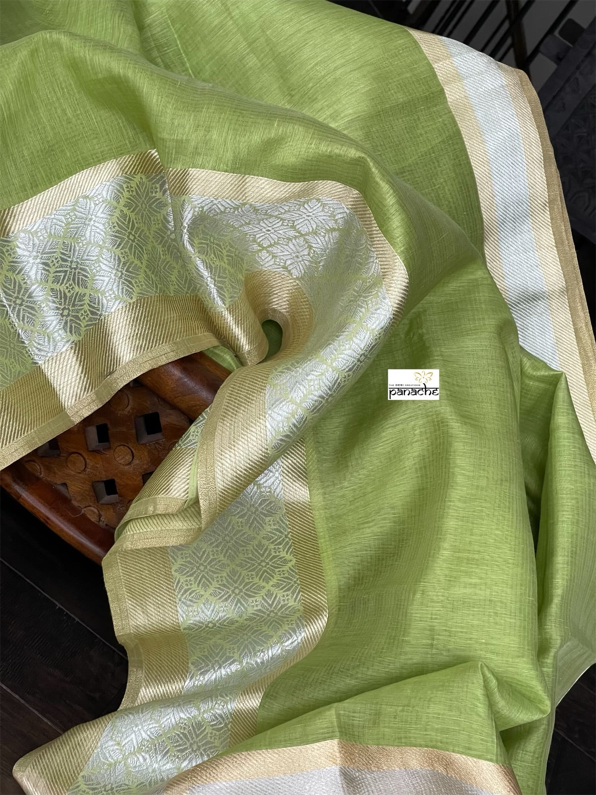 Linen Silk Banarsi - Pista Green Silver Golden Zari