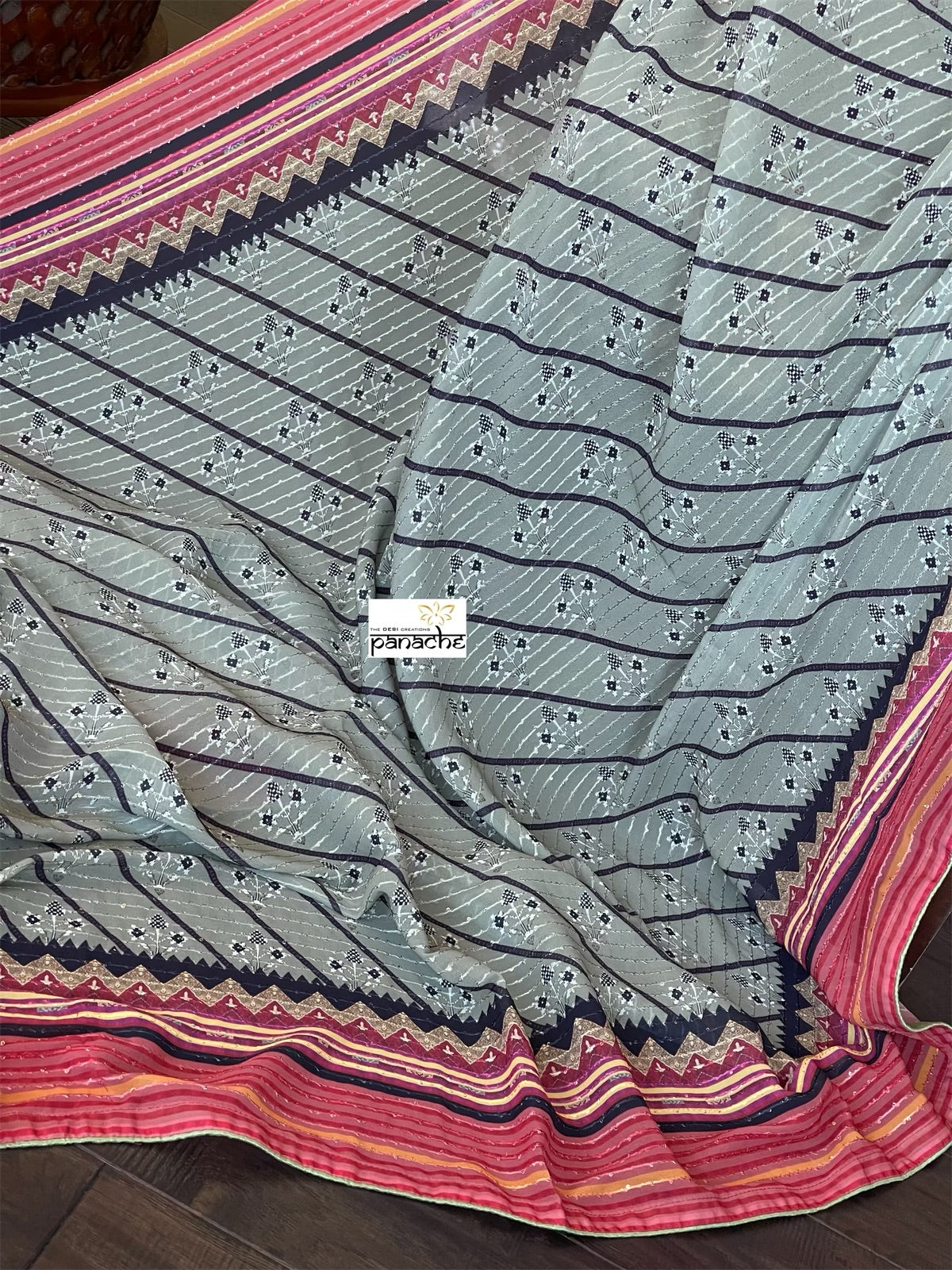 Designer Inspired Georgette Saree - Moss Grey Black Sequin