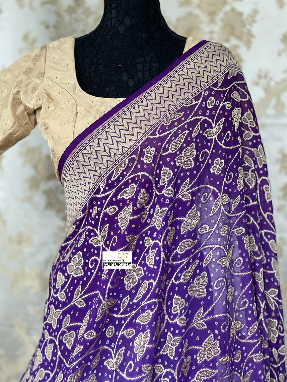 Bandhej Khaddi Georgette Banarasi - Purple Bandhej
