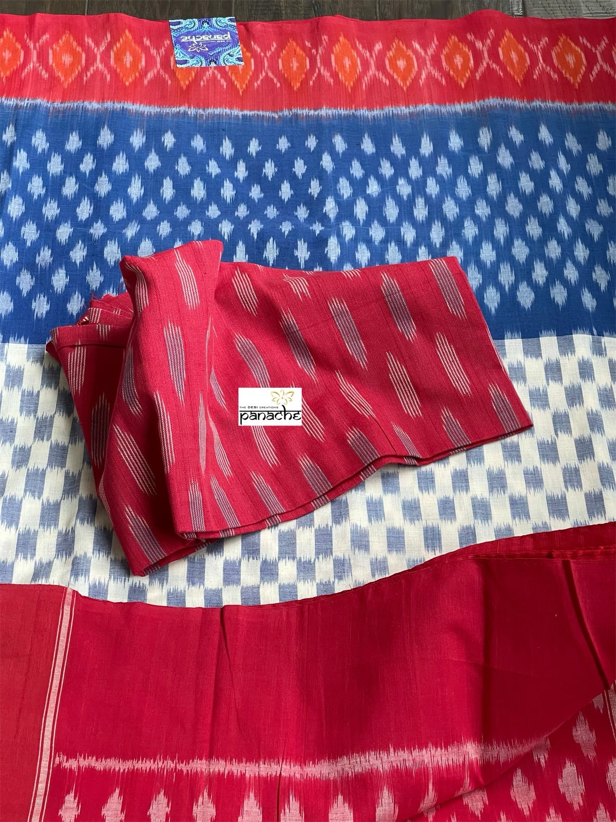 Pure Cotton Ikat  -  Off White Blue Red
