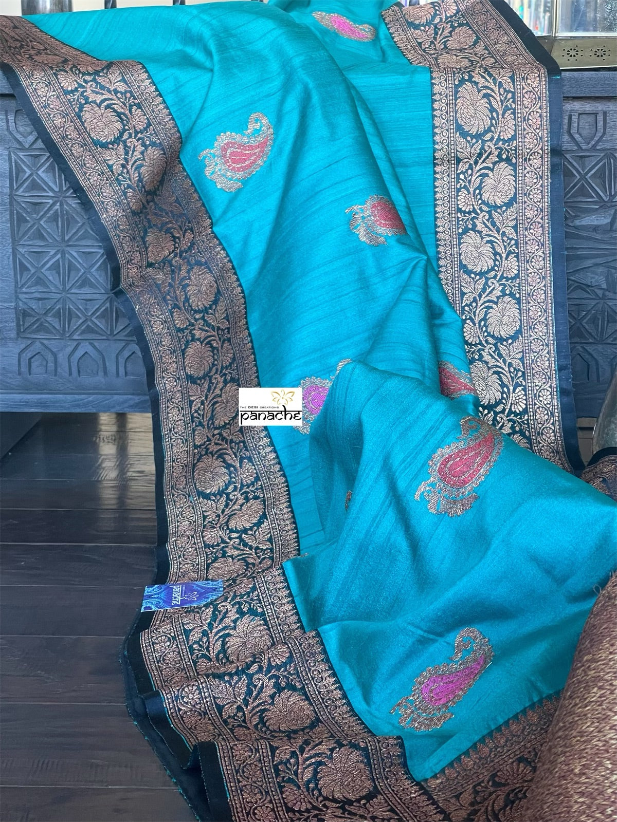 Tussar Silk Banarasi - Firozi Blue Black Meenakari