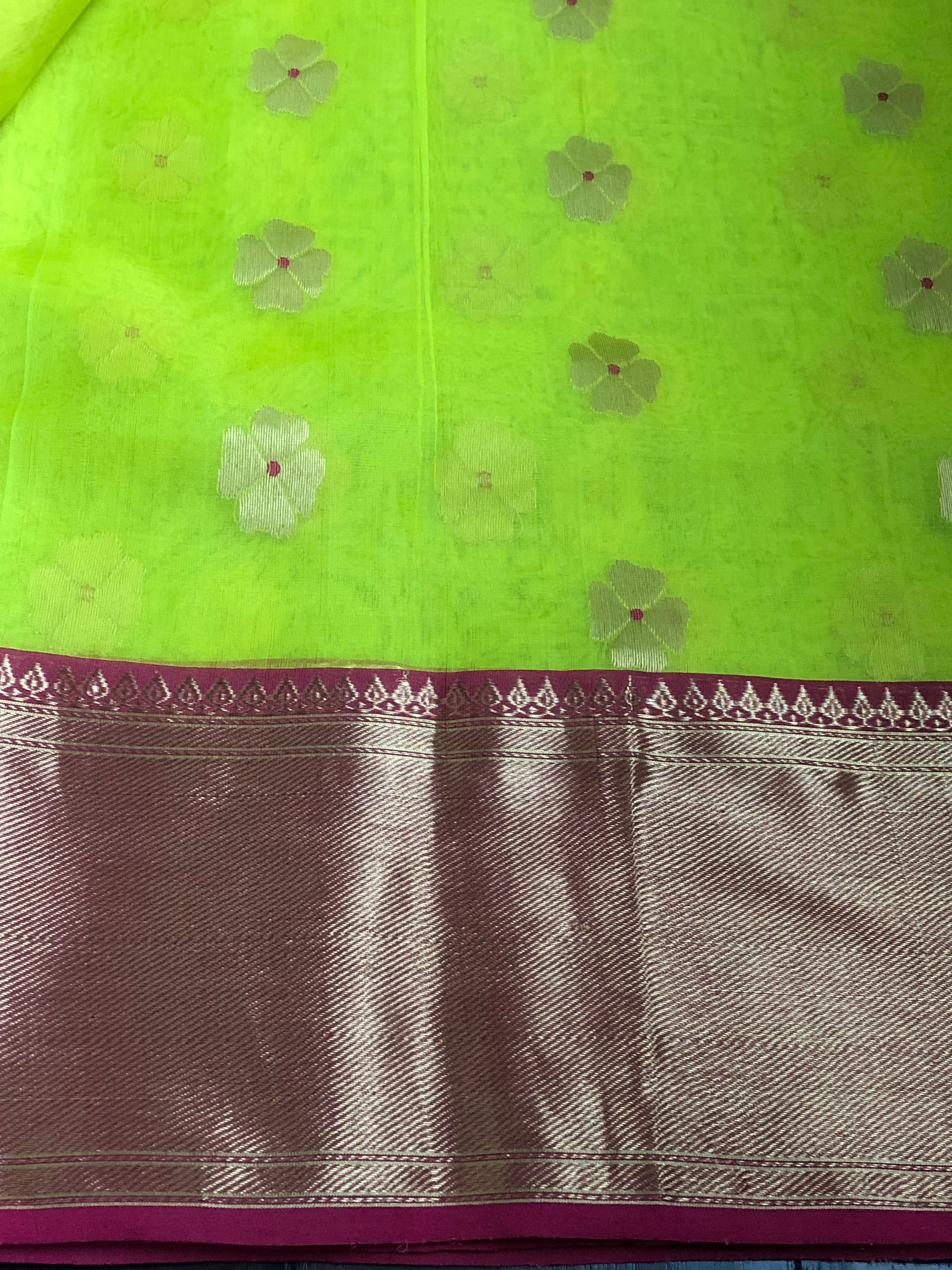 Chanderi Organza Silk - Neon Green Magenta Meenakari