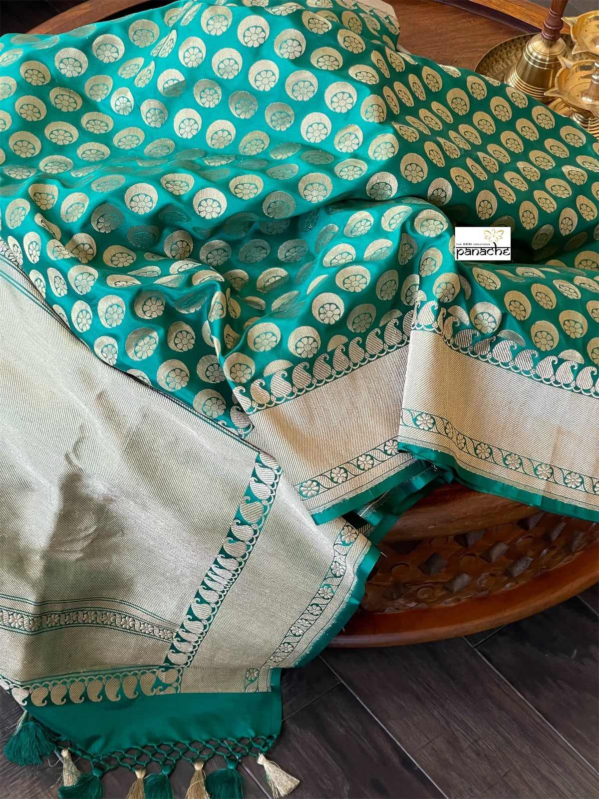 Pure Silk Banarasi - Teal Green Chand Buta Antique Golden Zari