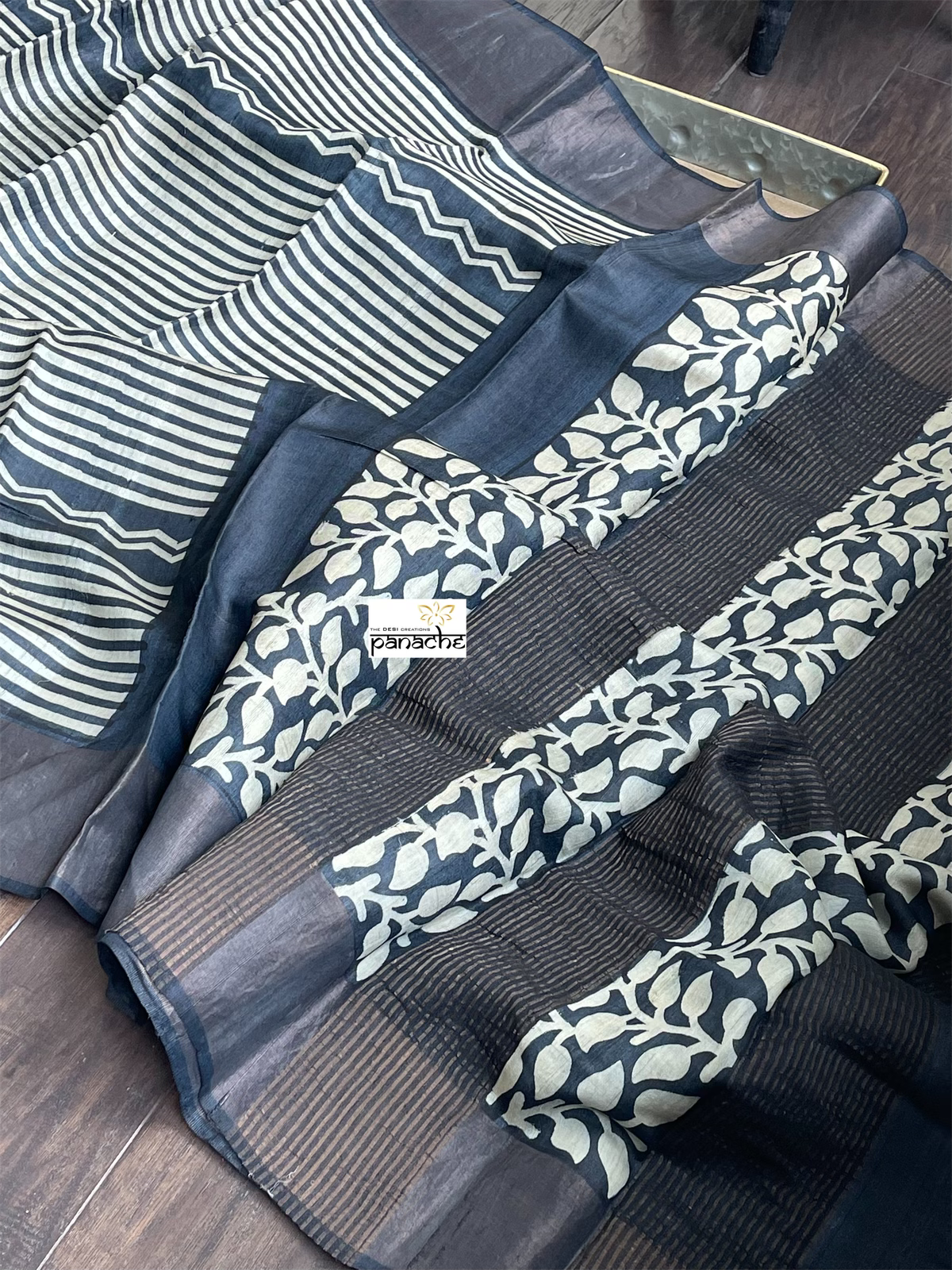 Pure Tussar Silk Printed -  Beige Black