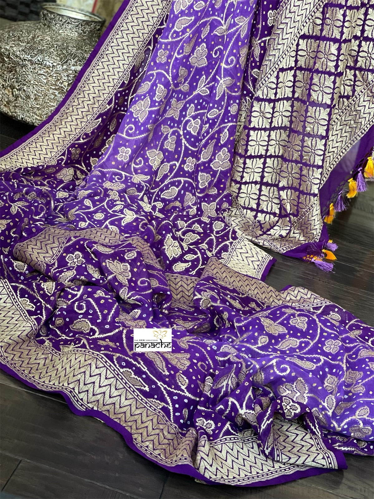 Bandhej Khaddi Georgette Banarasi - Purple Bandhej
