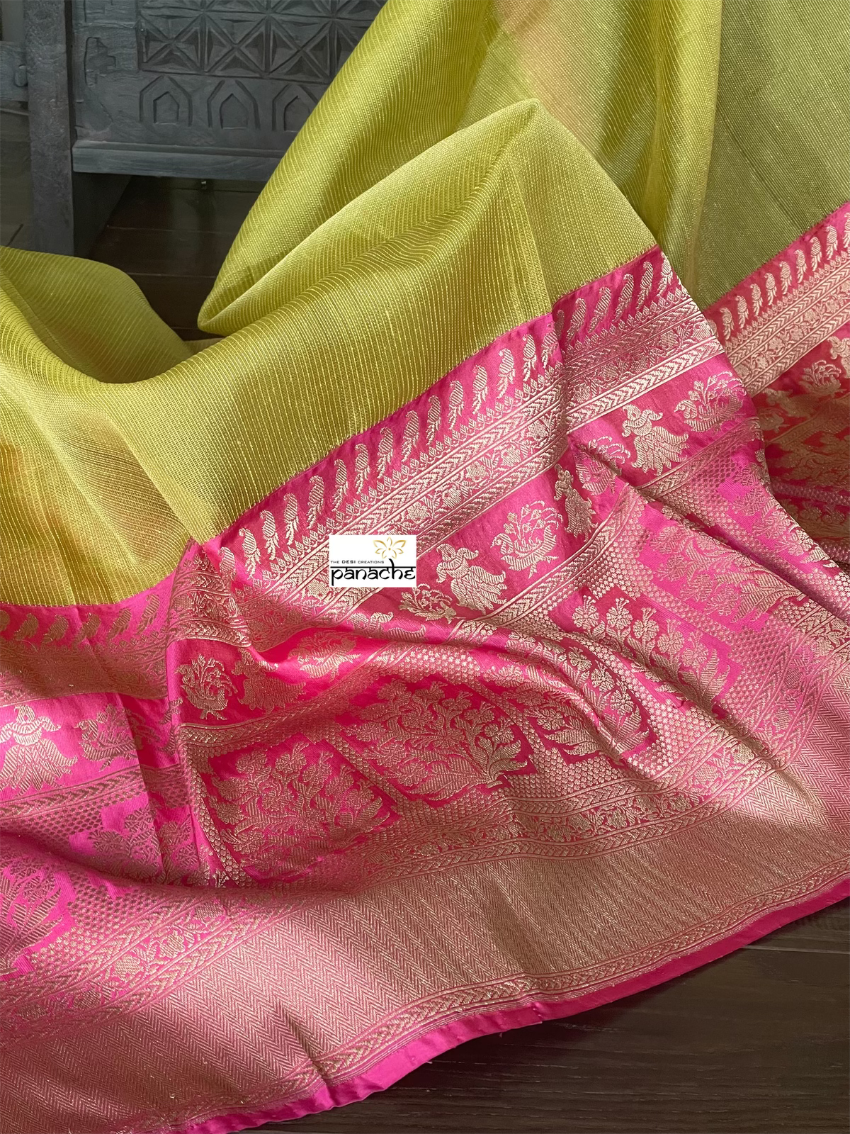 Pure Kora by Katan Silk Banarasi - Pista Green Pink Kadwa Woven