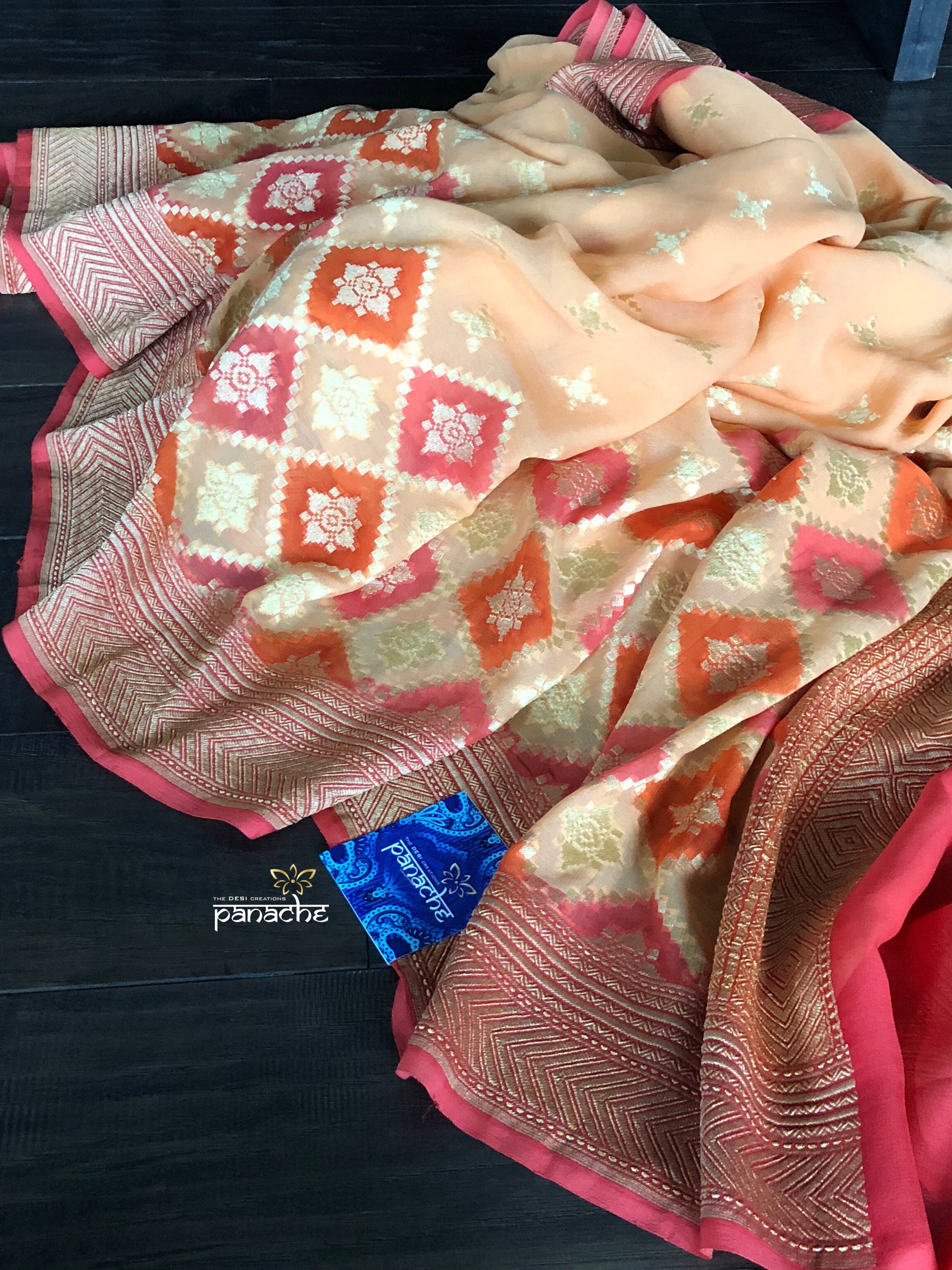 Khaddi Georgette Banarasi - Peach Meenakari