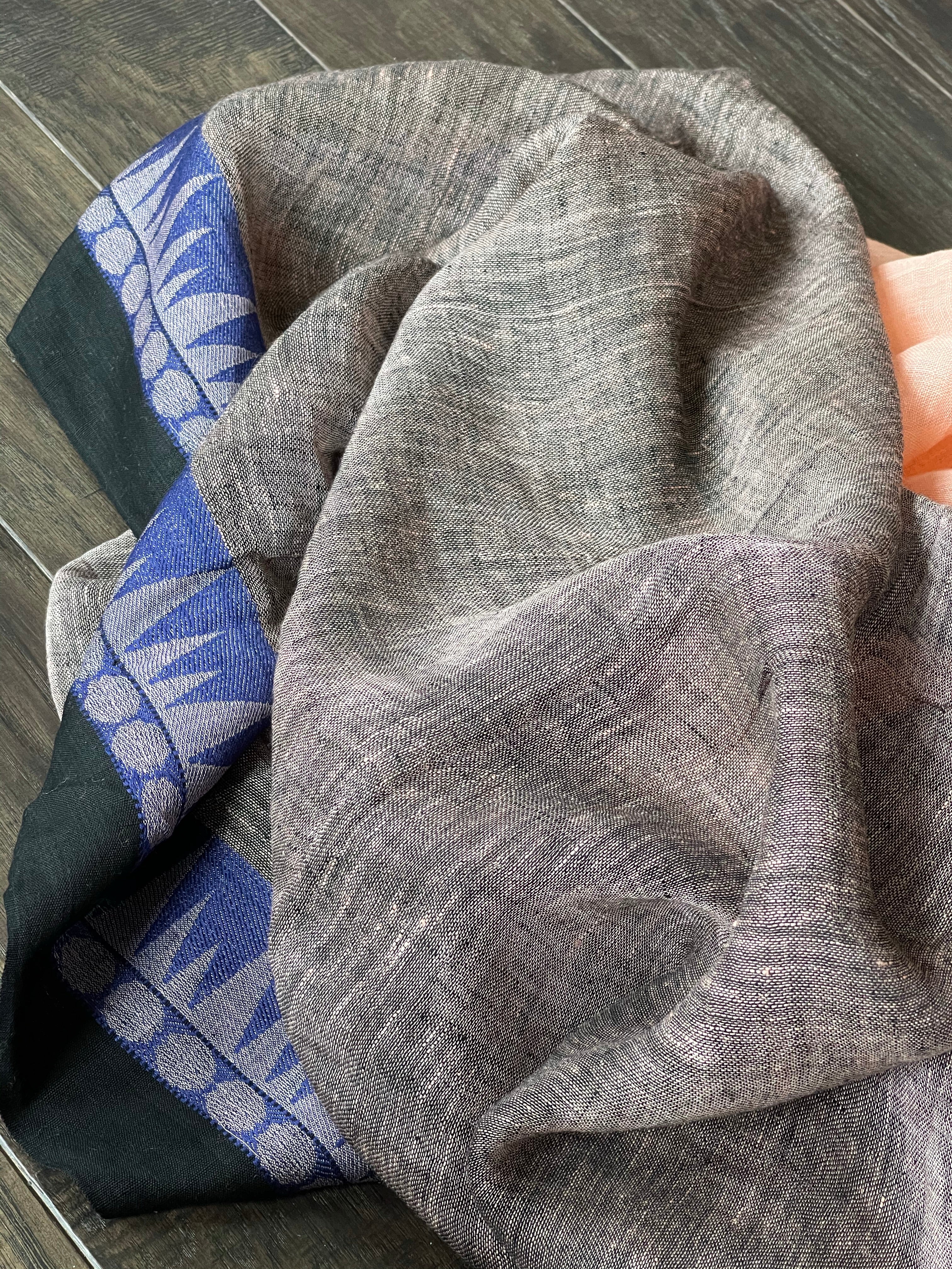 Pure Handloom Linen - Peach Blue Jamdaani Weave