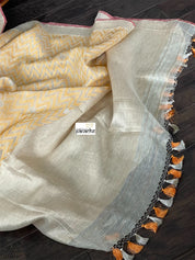 Linen By Kora Silk Banarsi - Off White Yellow Chevron