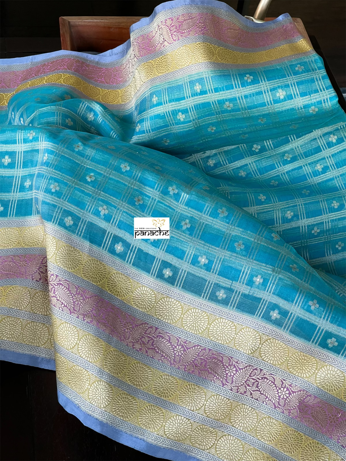 Organza Silk Banarasi - Blue Checkered