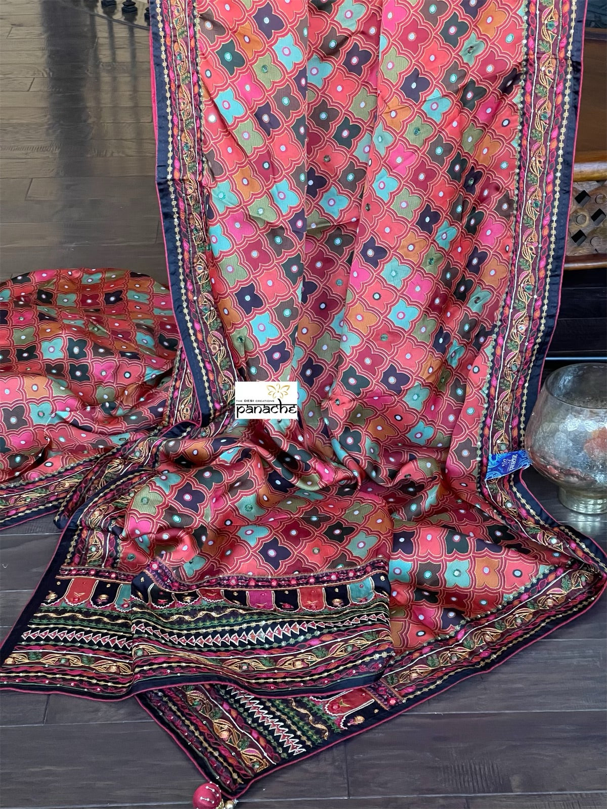 Designer Satin Georgette Silk - Brown Rust Multi Color