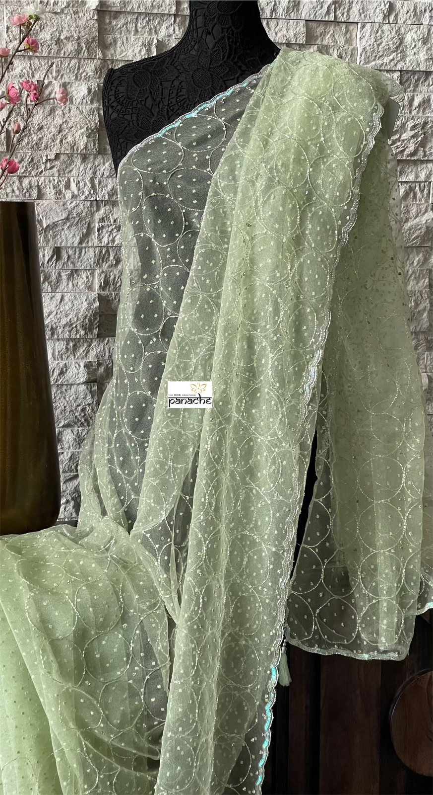 Designer Organza -  Pista Green Hand Embroidered