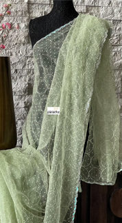 Designer Organza -  Pista Green Hand Embroidered