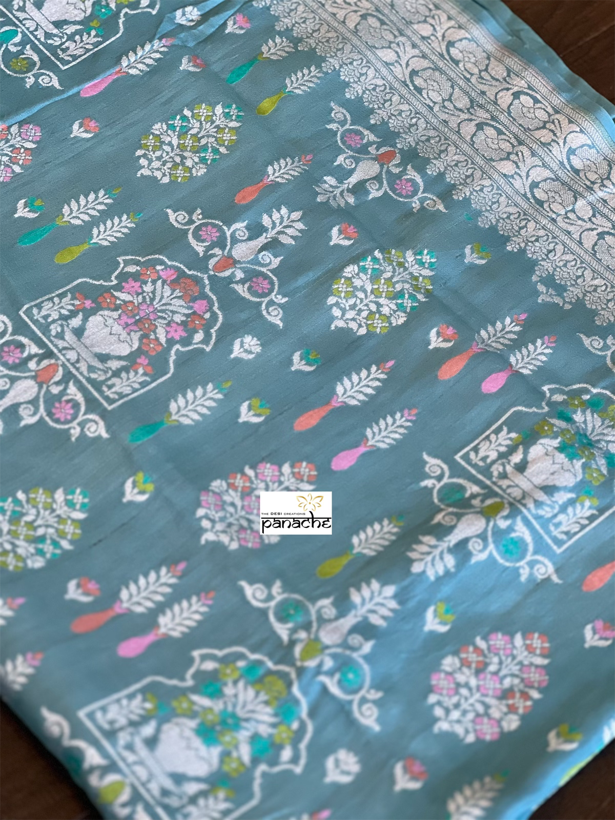 Tussar Silk Banarasi- Light Firozi Blue Silver Zari