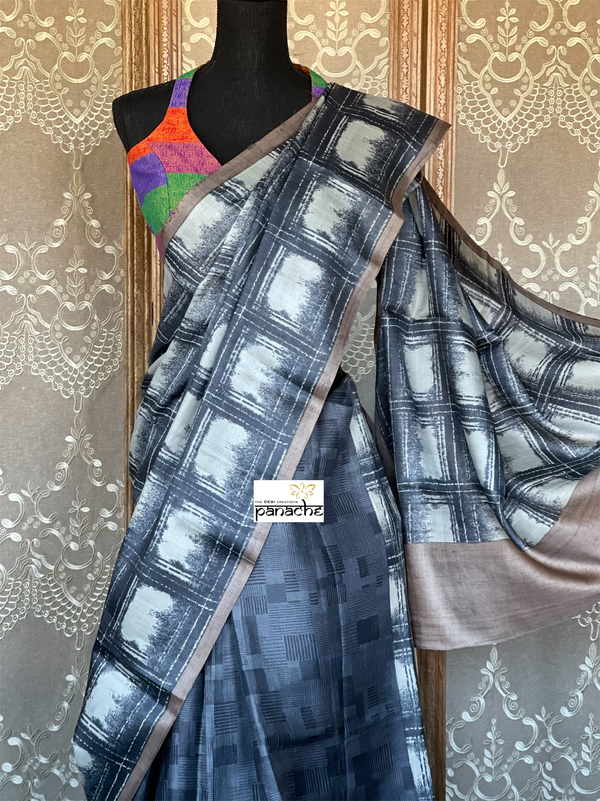 Pure Tussar Silk - Black Grey Printed