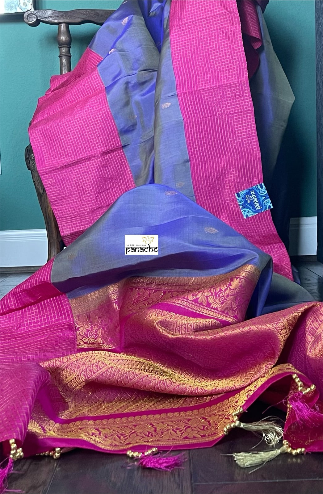 Silk Gadwal - Violet Magenta Pink Golden Zari
