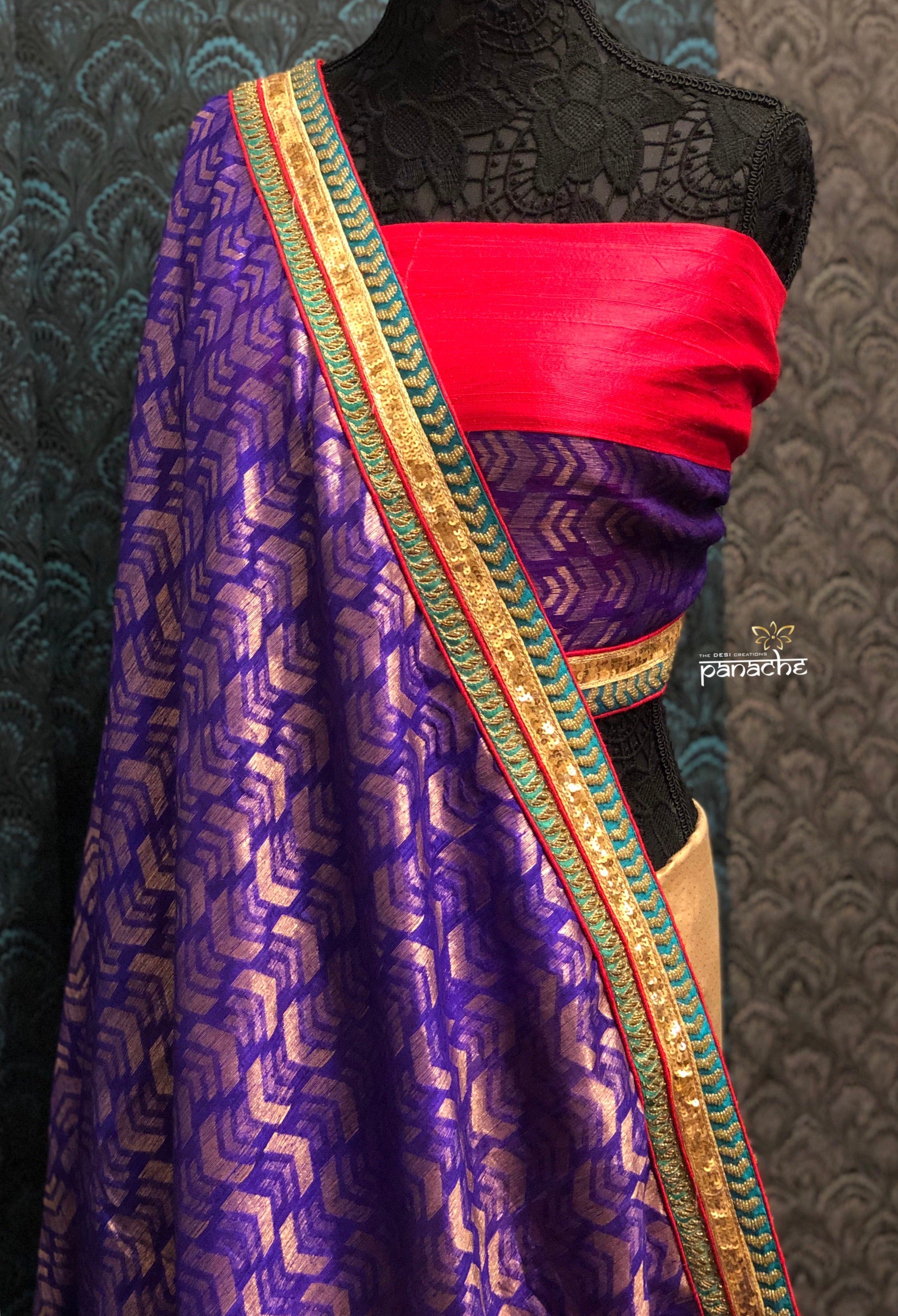 Designer Tussar Silk - Purple Golden Half Half