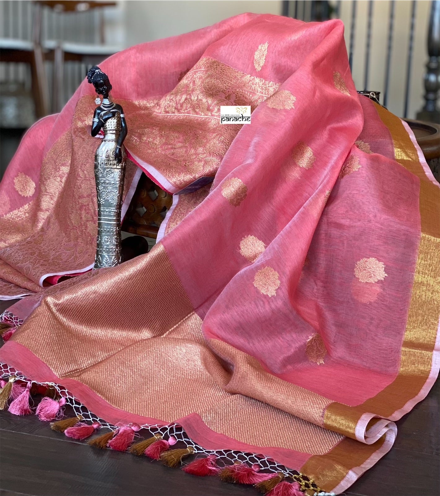 Linen Silk Banarsi - Peach Golden Zari