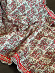 Designer Soft Silk - Beige Red Figurines Printed