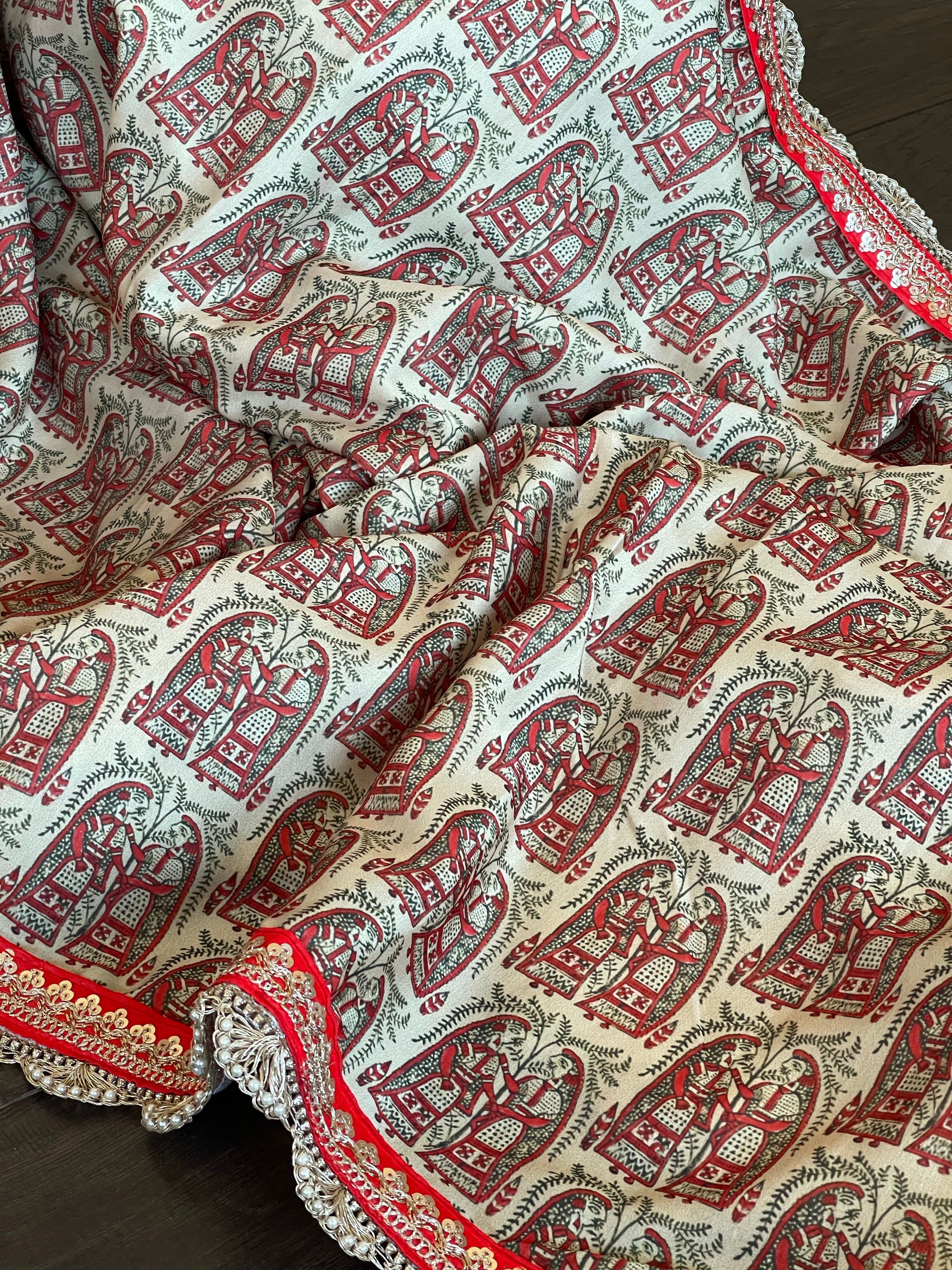 Designer Soft Silk - Beige Red Figurines Printed