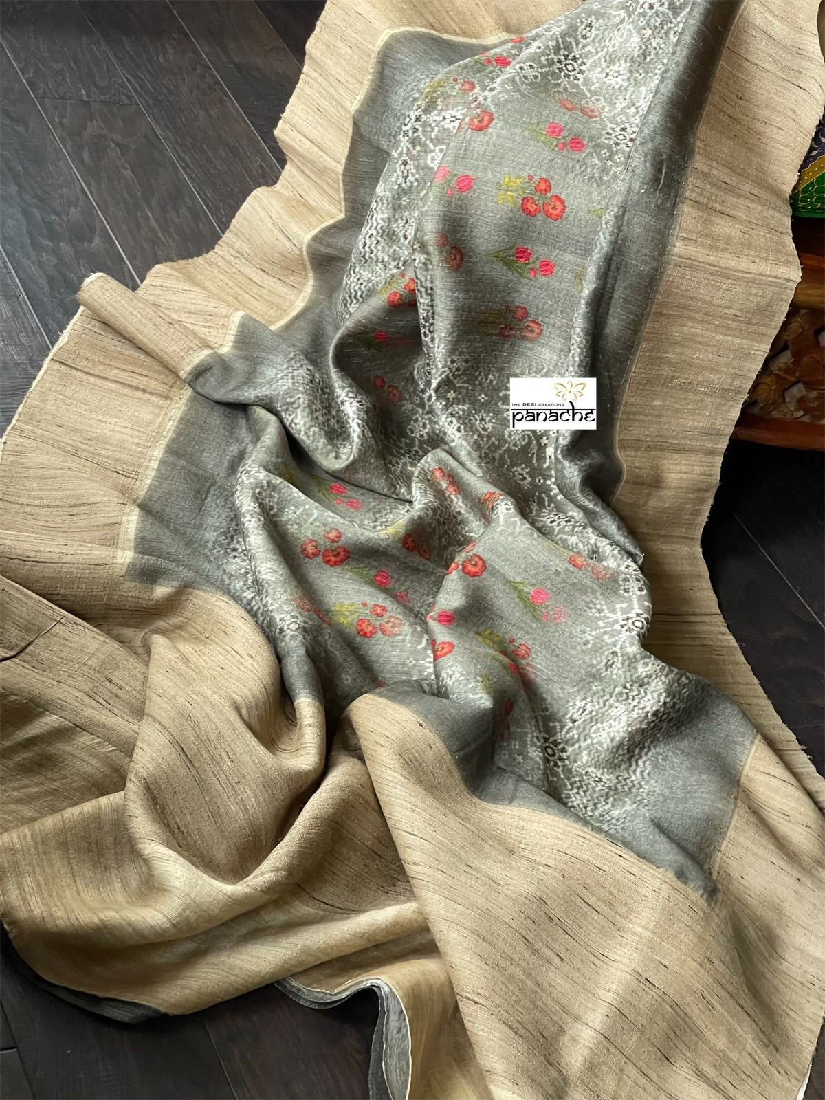 Pure Gicha Tussar Silk - Light Moss Grey Digital Printed