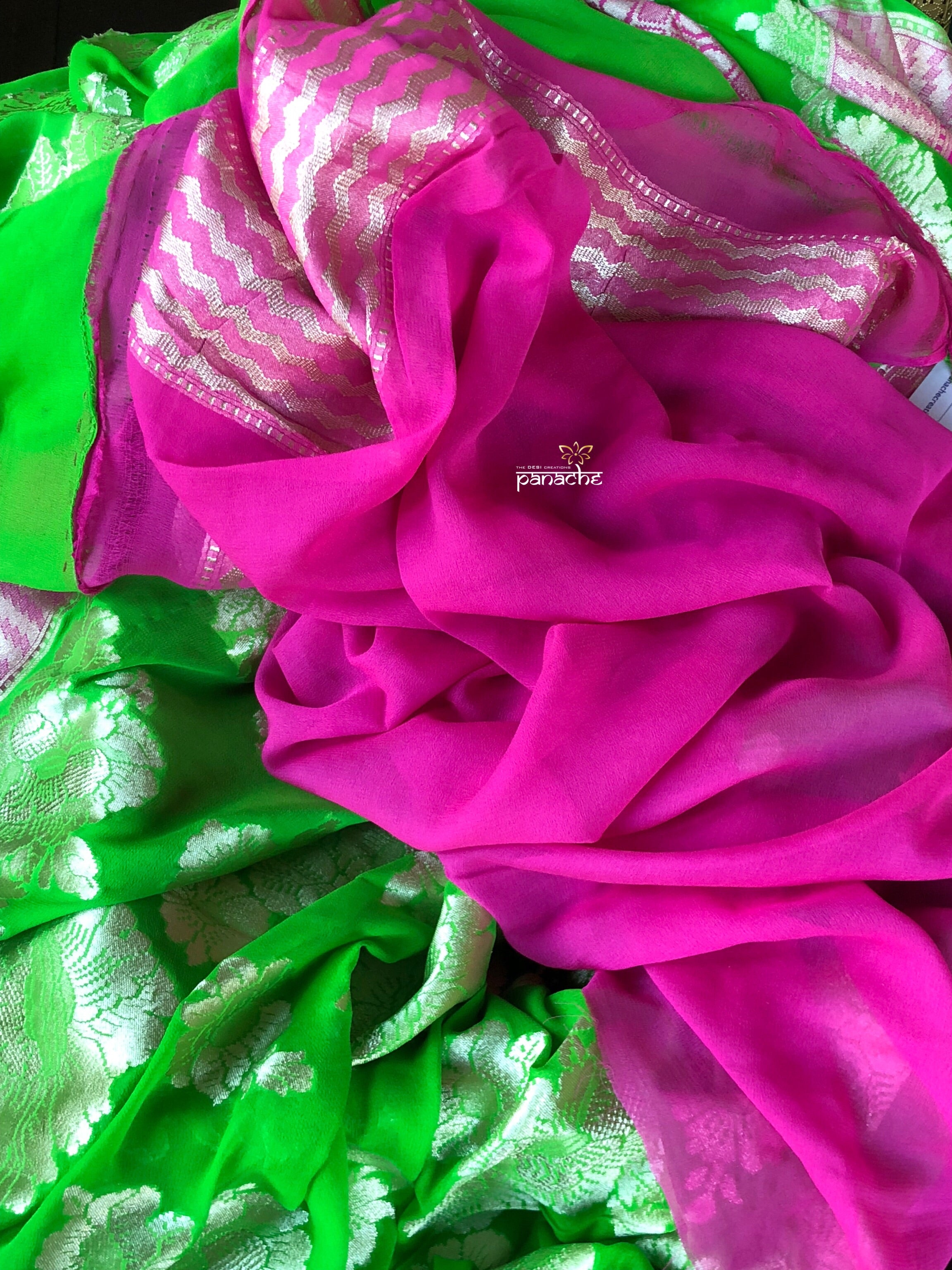 Khaddi Georgette Banarasi - Green Pink