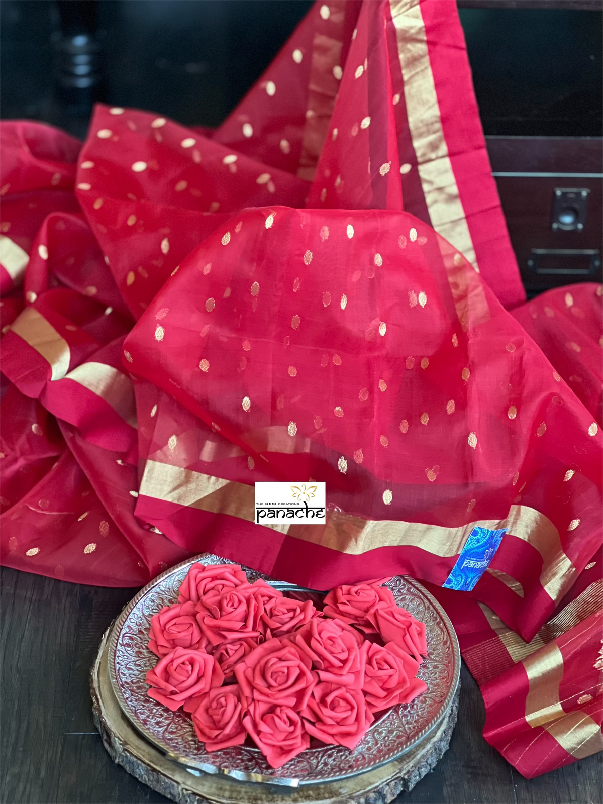 Pure Chanderi Organza Silk - Red Golden Zari