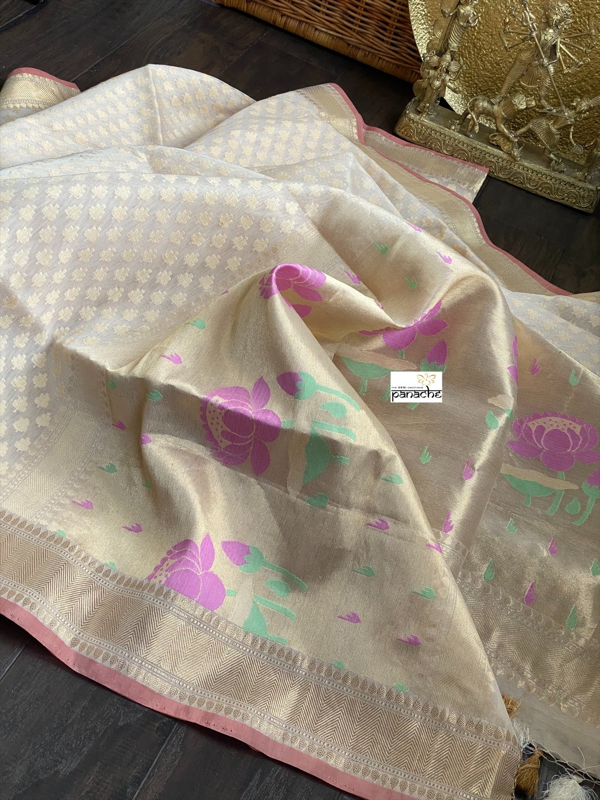 Silk Cotton Kora Banarasi - Cream Paithani Pallu