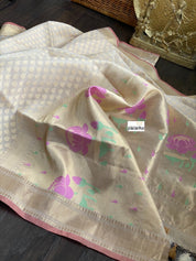 Silk Cotton Kora Banarasi - Cream Paithani Pallu
